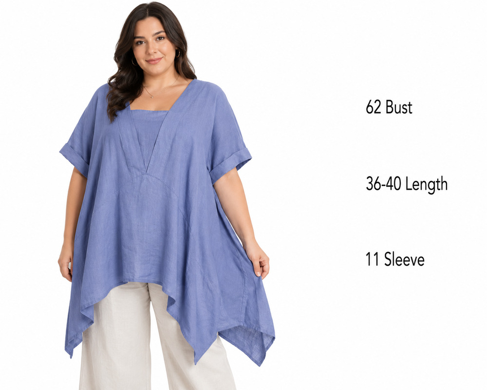 Ellos Womens Blue Linen Asymmetrical Longline Top Shirt Tunic Shark Bite Hem 3X